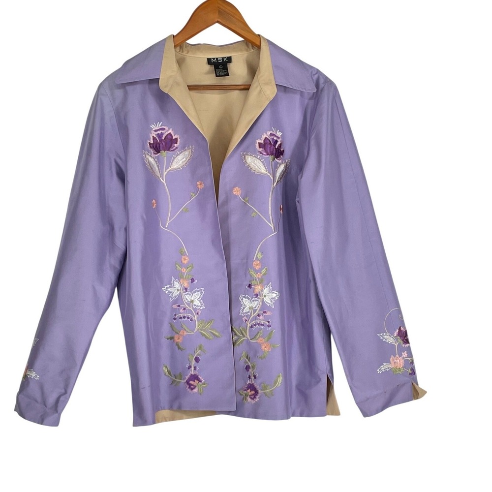 MSK Women 100% Silk Jacket L Open Front Purple Floral Embroidered L/S Blazer‎